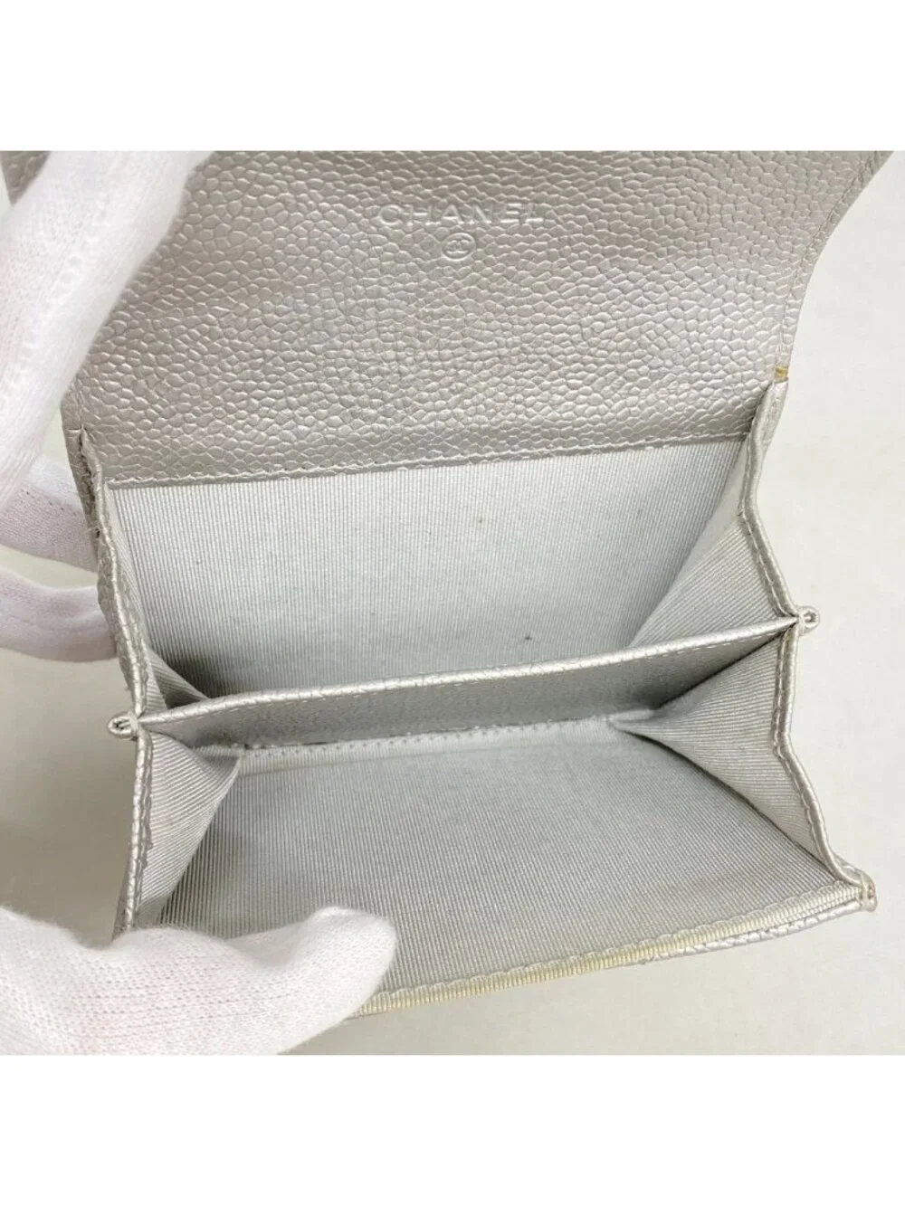 Chanel Card Case Quilted Caviar Leather Silver